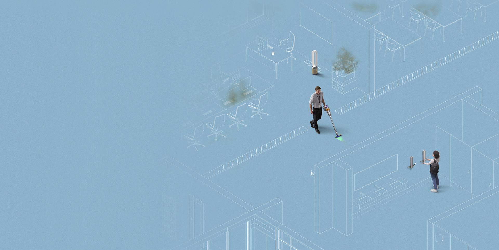 Niebieska grafika na tle szkoły