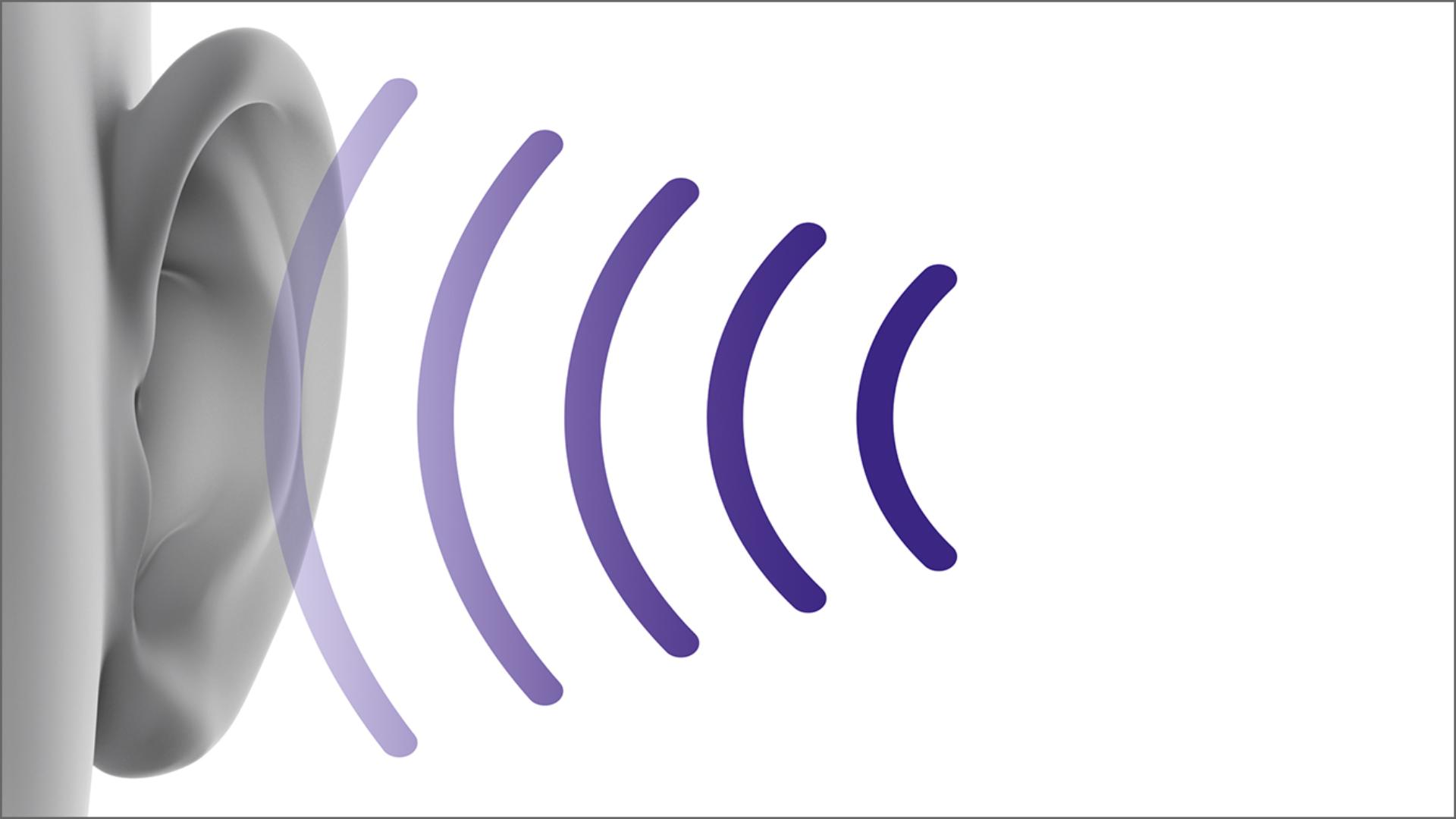 Zbliżenie na ucho podczas ruchu fal dźwiękowych w jego kierunku