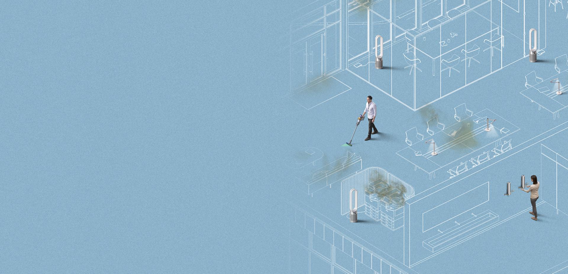 Niebieska grafika na tle biura.