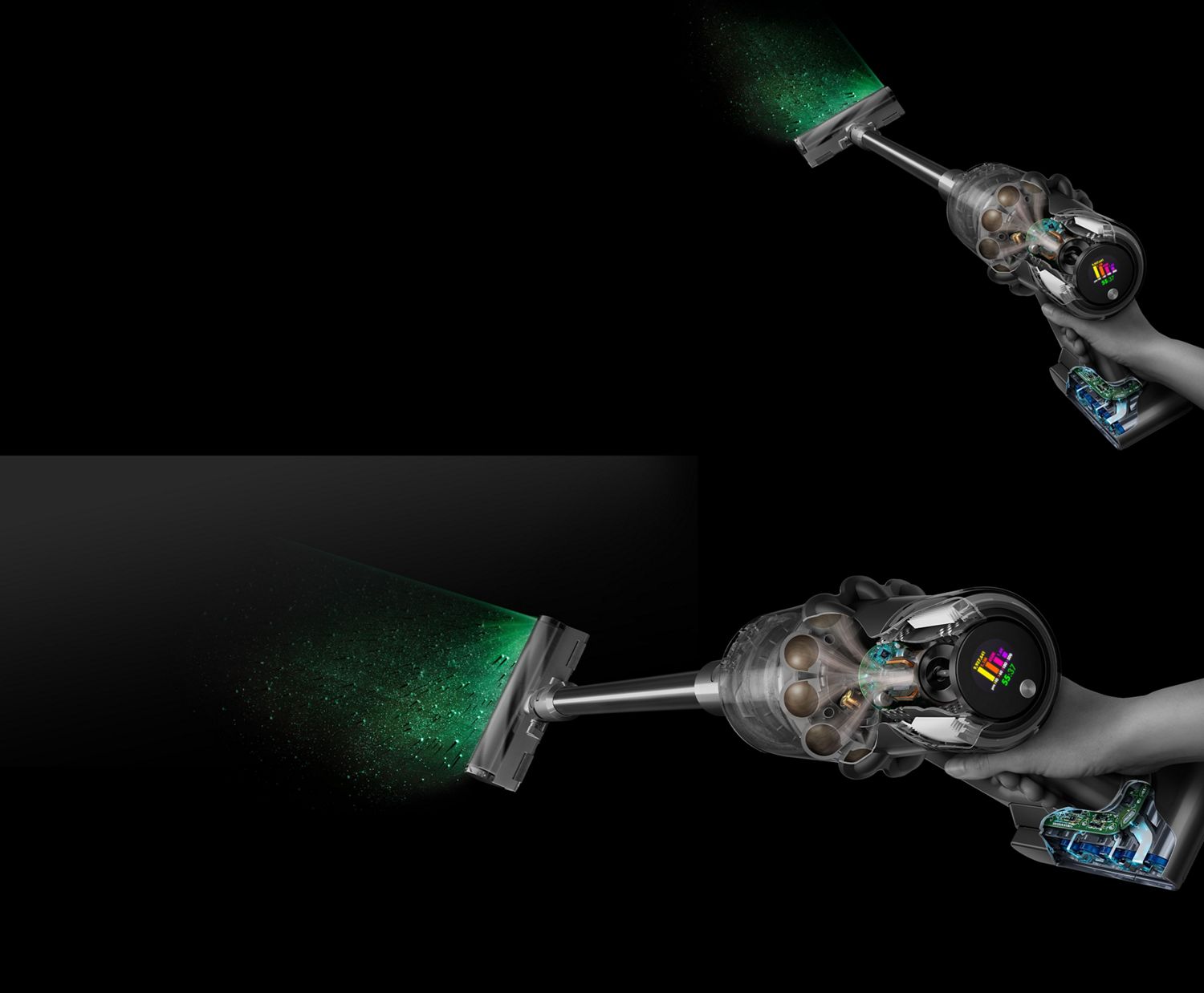 Dyson V15 vacuum cleaning with illuminated cleanerhead