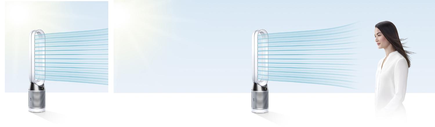 En kvinde bliver direkte afkølet af den luftrensende ventilator Dyson Pure Hot+Cool
