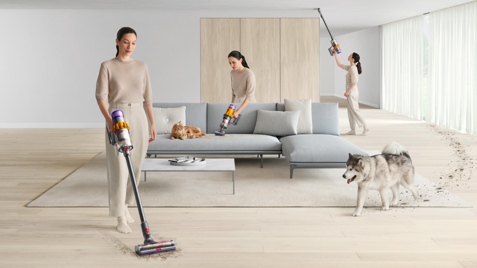 A person vacuuming after their pet in a living room area.