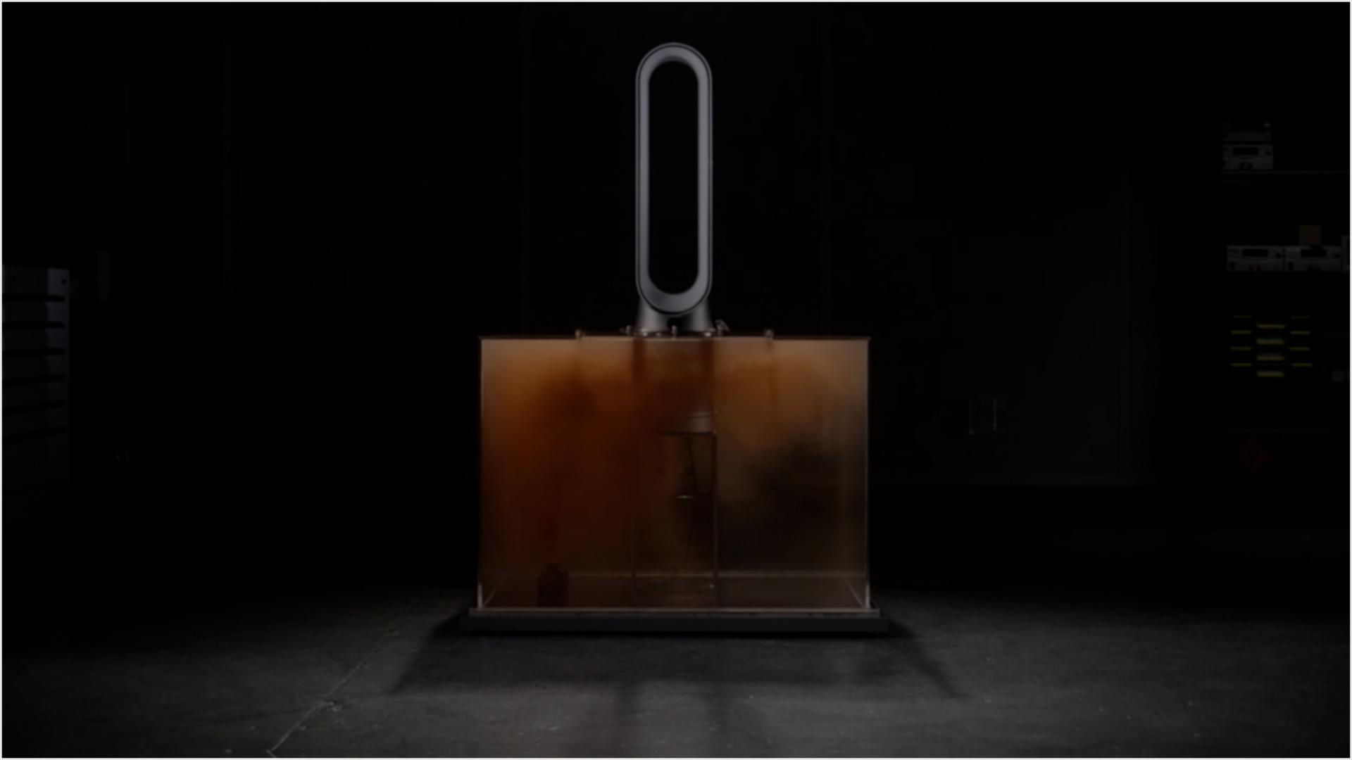 A Dyson purifier in a testing chamber with no pollutants leaking out into the surrounding air