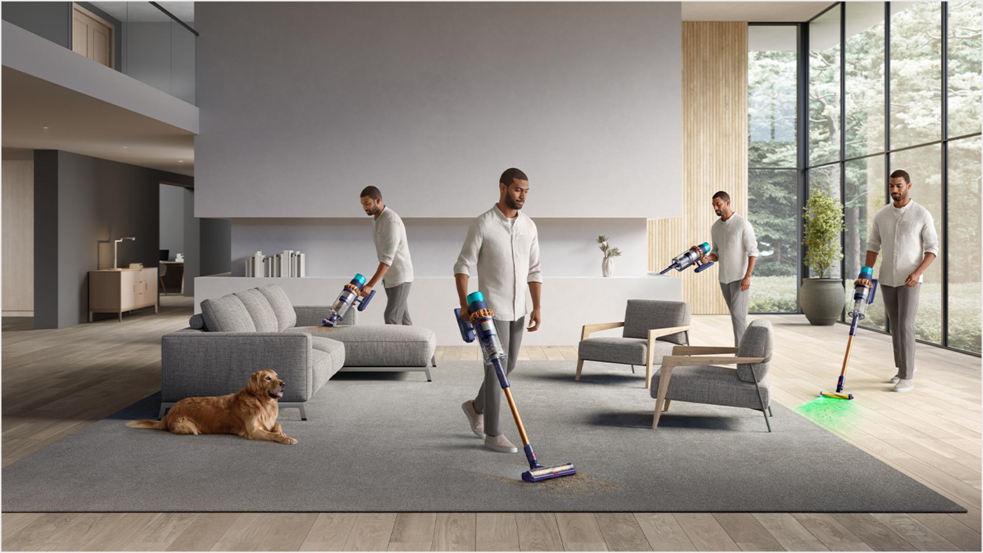 Una persona aspira limpia la suciedad que dejó su mascota en una sala de estar