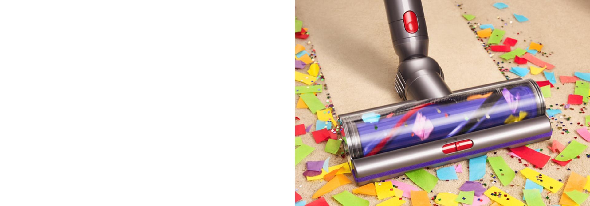 Dyson Motorbar tīrīšanas uzgalis tiek izmantots, lai notīrītu konfeti, fliterus un spīdumus no cietā grīdas seguma.