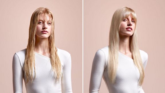 Before and after of a blonde model using the Dyson Airstrait straightener to style her hair from wet.