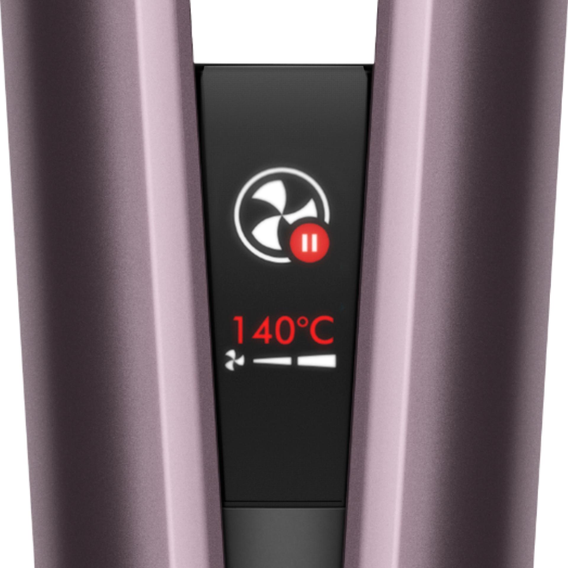 Close-up of the Dyson Airstrait's LCD screen showing the device has automatically paused.