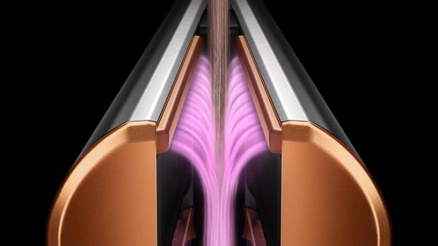 Uređaji za ravnanje kose Dyson Airstrait sa zaključanim krakovima. Ružičasti grafički slojevi prikazuju smjer strujanja zraka.