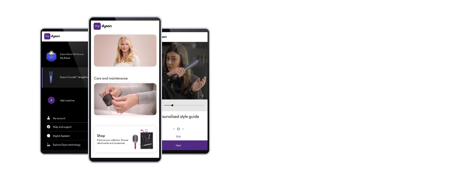 ثلاث شاشات هواتف تَعرض تطبيق My Dyson.