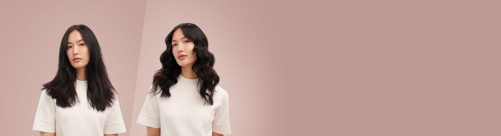 A model's before and after side-by-side. On the left her hair is straight and frizzy, on the right it is smooth and wavy.