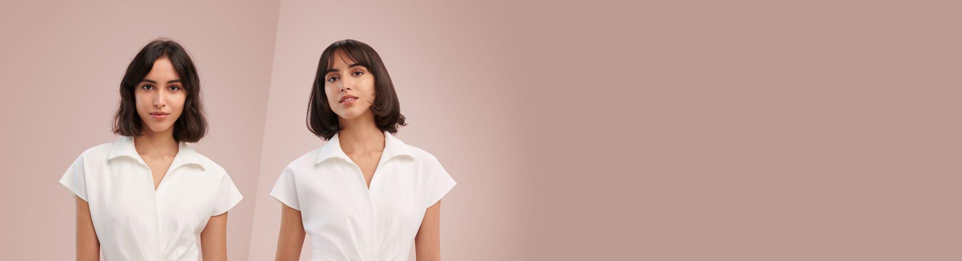 A model's before and after side-by-side. On the left her short hair is unstyled slightly frizzy, on the right it is smooth and voluminous.