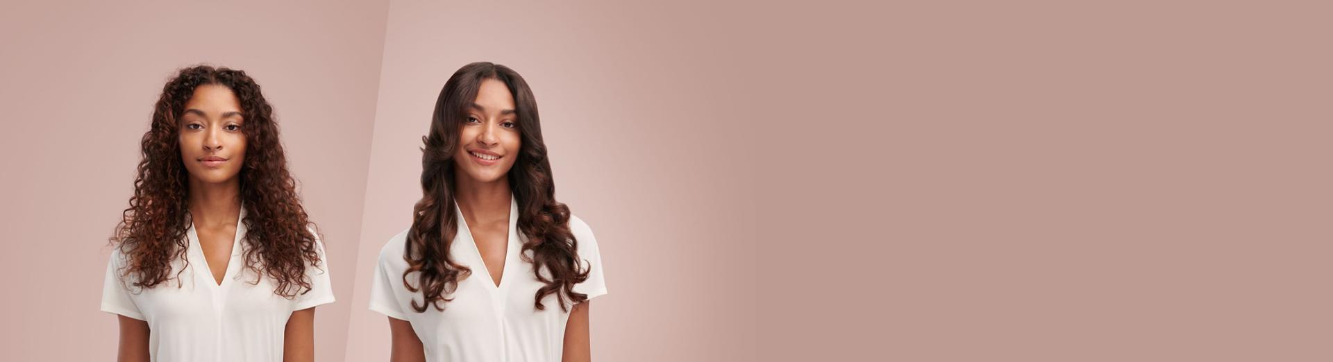 A model's before and after side-by-side. On the left her hair is tightly curly and slightly frizzy, on the right it is smooth and loosely curled.