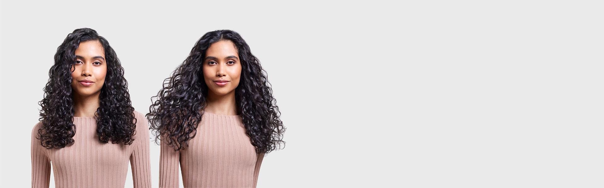 A model's before and after side-by-side. On the left her hair is tightly curly and slightly frizzy, on the right it is smooth and her curls are neatly separated.