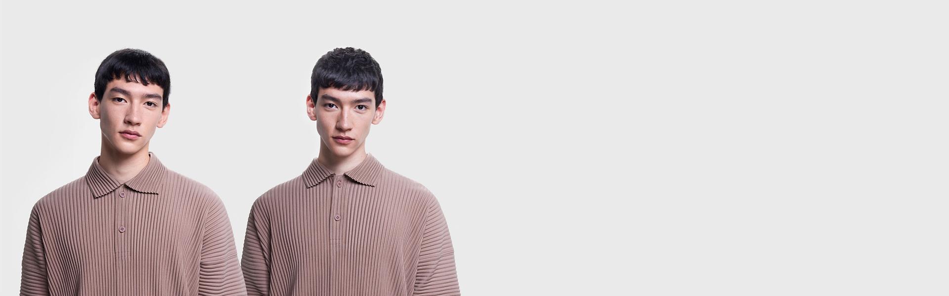 A model's before and after side-by-side. On the left his hair is unstyled and on the right his hair is styled with textured crop fringe