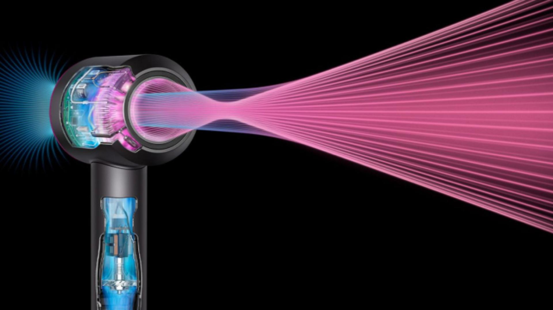 Graphic overlays show the airflow from the Dyson Supersonic Nural hair dryer.