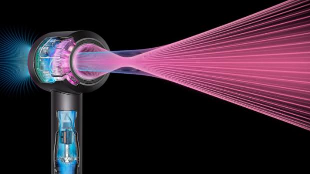 Graphic overlays show the airflow from the Dyson Supersonic Nural hair dryer.
