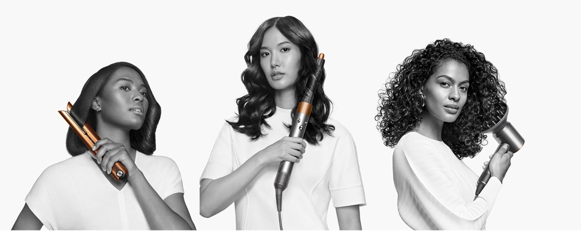 Three female models using Dyson hair care range