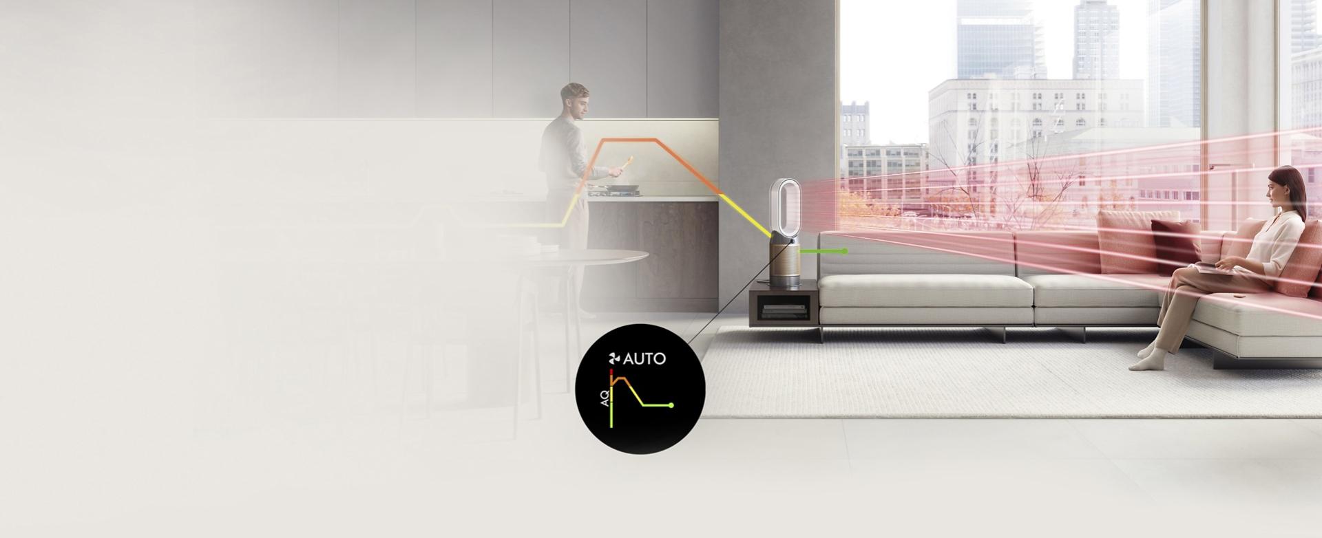 A man cooks in the kitchen, an air quality line spikes above his pan dmeonstrating pollutants being released. A dyson purifier heater purifies the air correcting the air quality line, and heats the woman sitting nearby on the sofa.