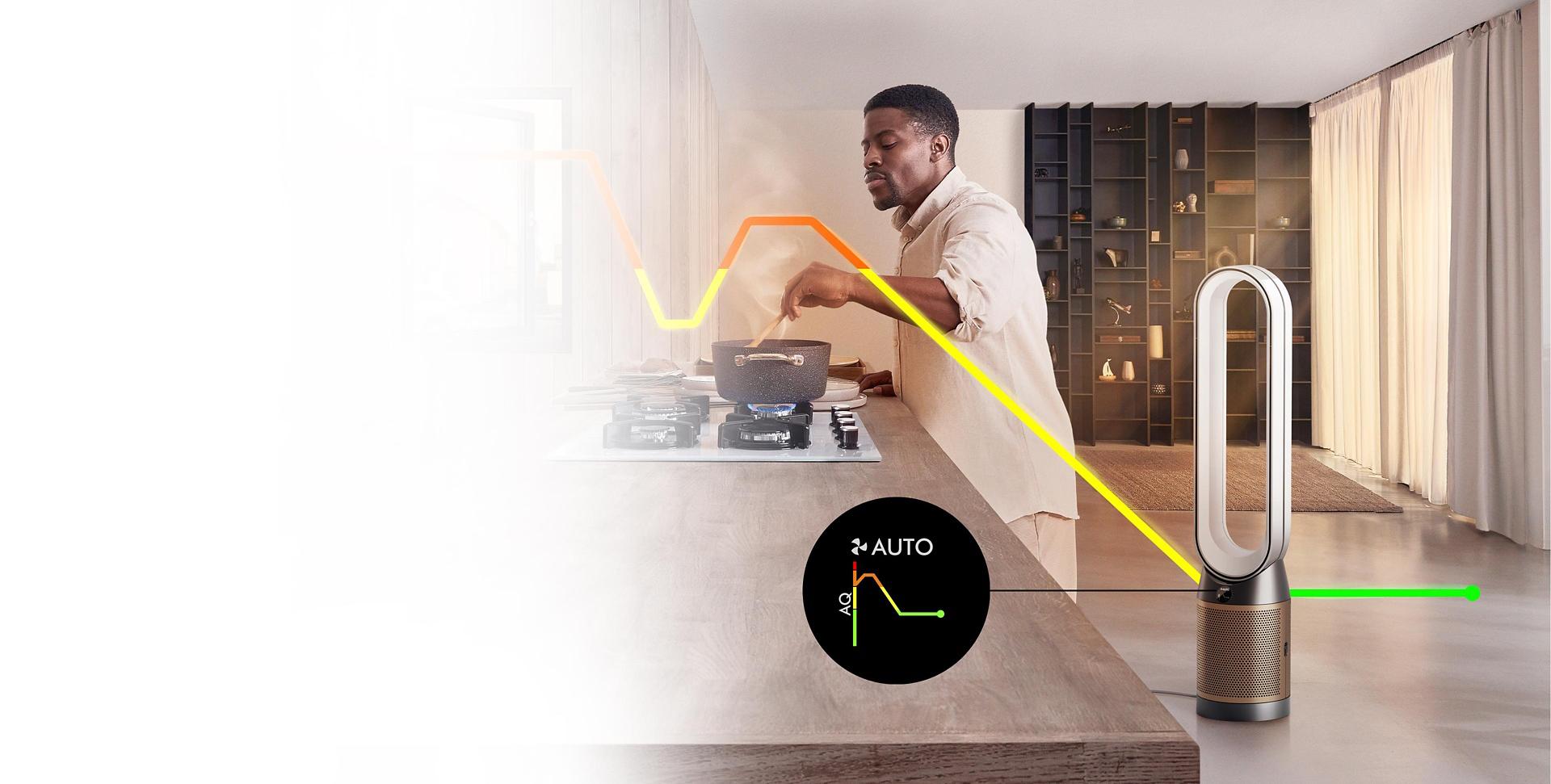 A man cooking on a gas hob with an air quality graphic line indicating indoor pollution levels.