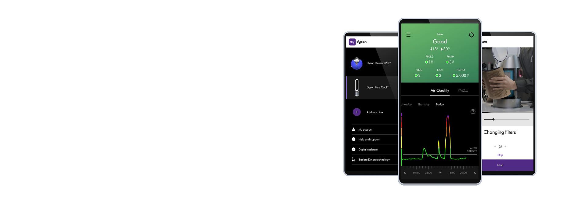 Three smartphone screens with different functions of the MyDyson app, including air quality reporting.