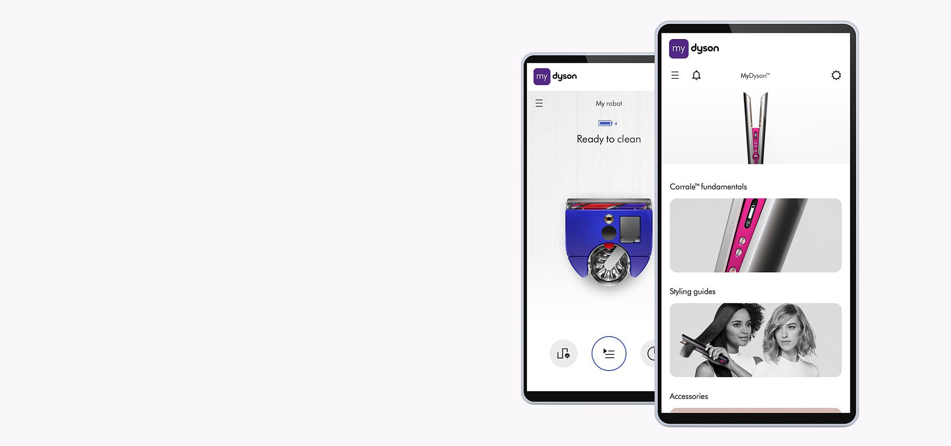 Three phones showing different areas of the MyDyson app
