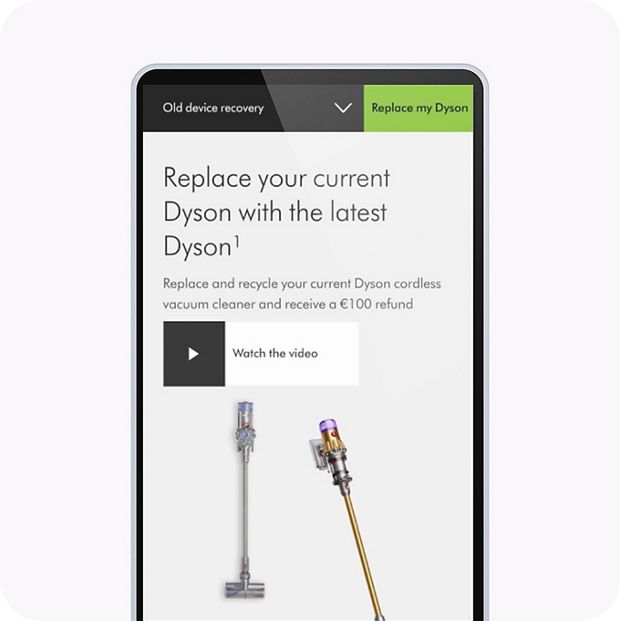 A phone screen featuring upgrade offer, with both an older and a newer vacuum model