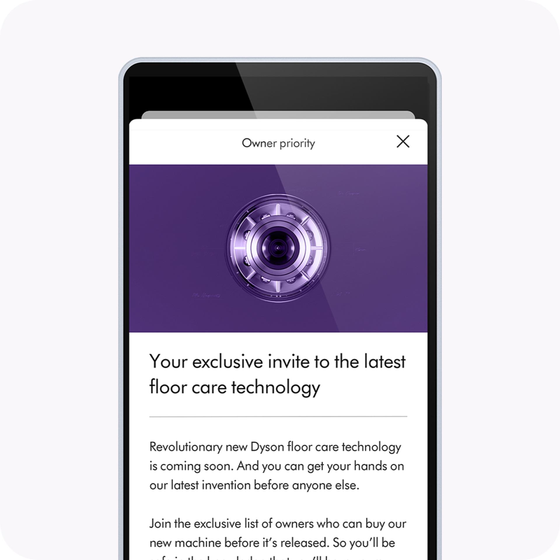 A phone screen showing an exclusive Dyson event invite