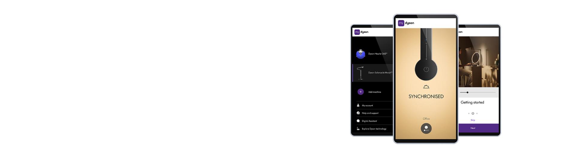 MyDyson uygulamasını gösteren üç telefon ekranı.