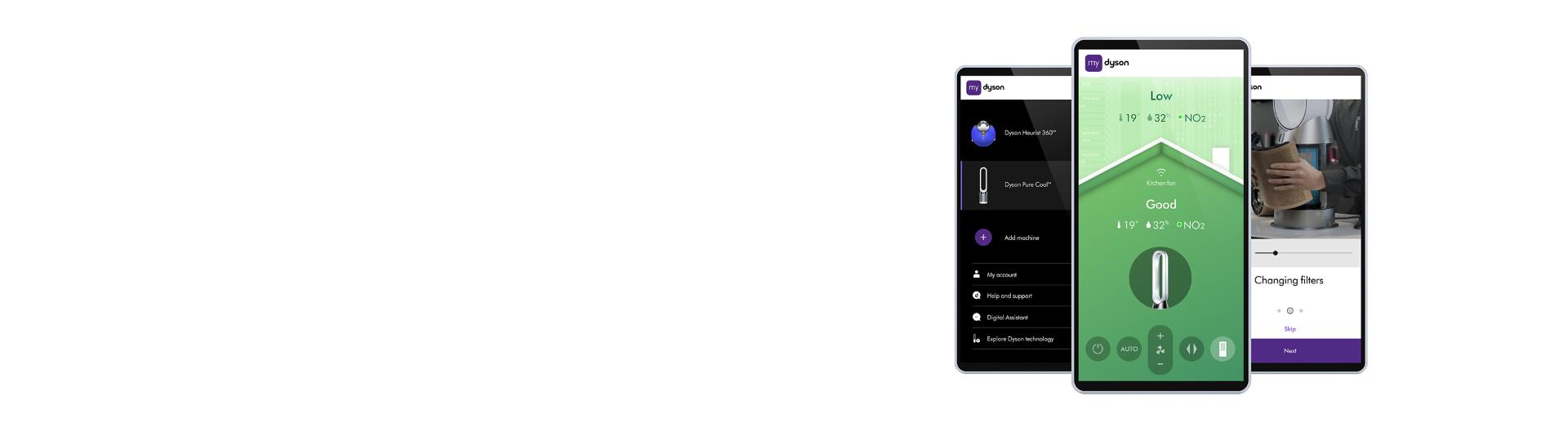MyDyson uygulamasını gösteren üç telefon ekranı.