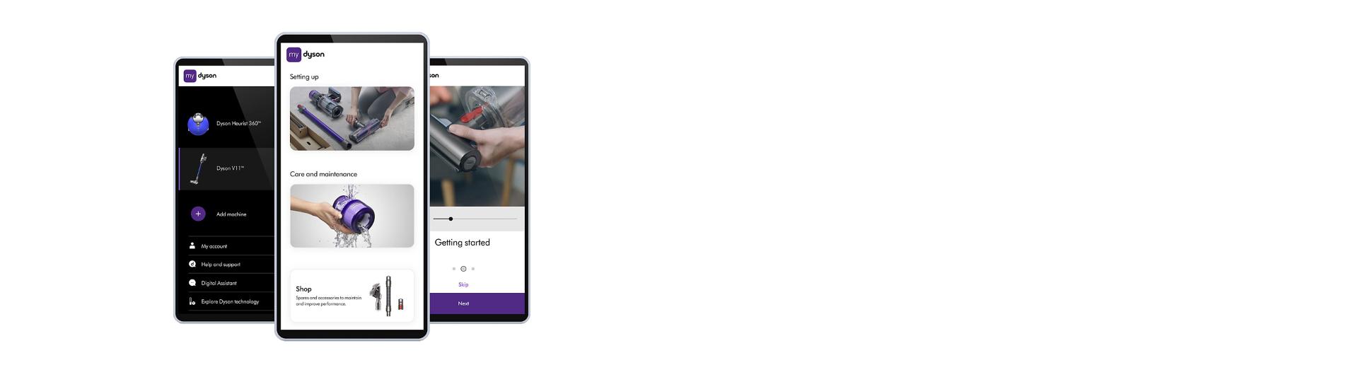 ثلاث شاشات هواتف تَعرض تطبيق My Dyson.