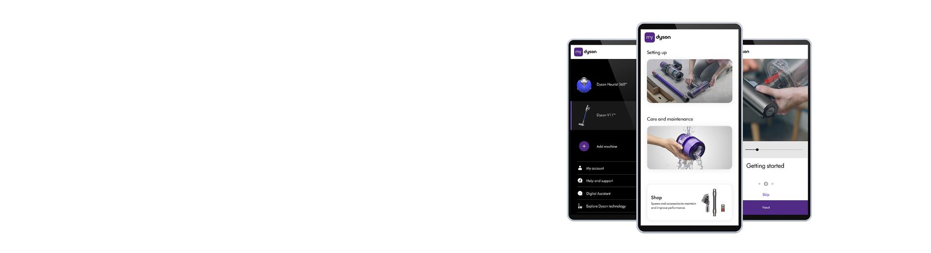 Trzy telefony pokazujące na ich ekranie aplikację MyDyson