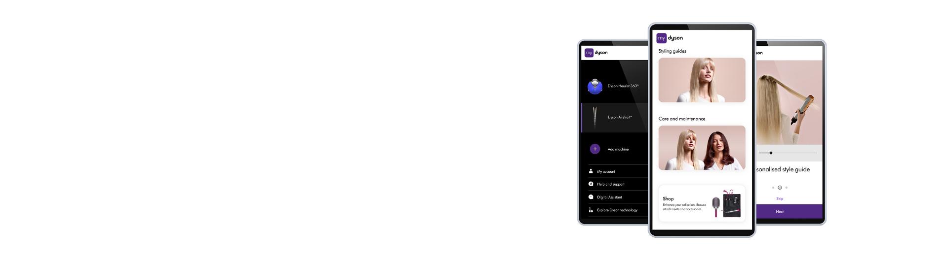Three phones showing the MyDyson app.