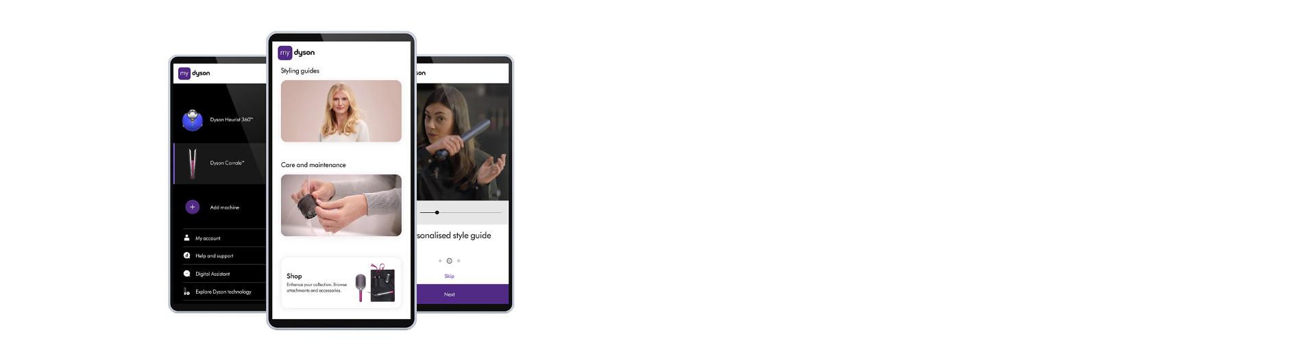 Three phones showing the MyDyson app.