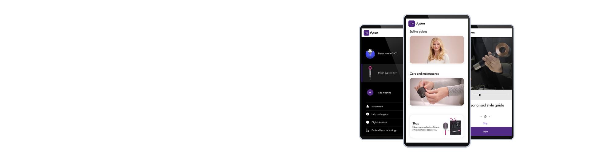 MyDyson uygulamasını gösteren üç telefon ekranı.