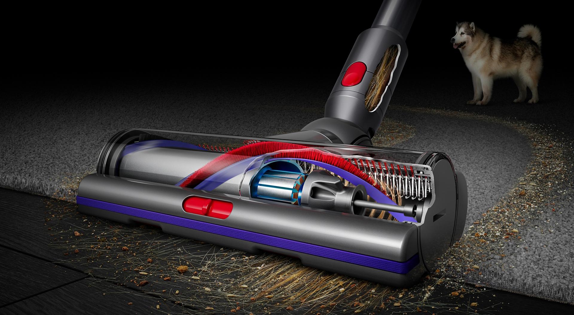 Dyson Motorbar cleaner head cleaning across a hard floor and a carpet