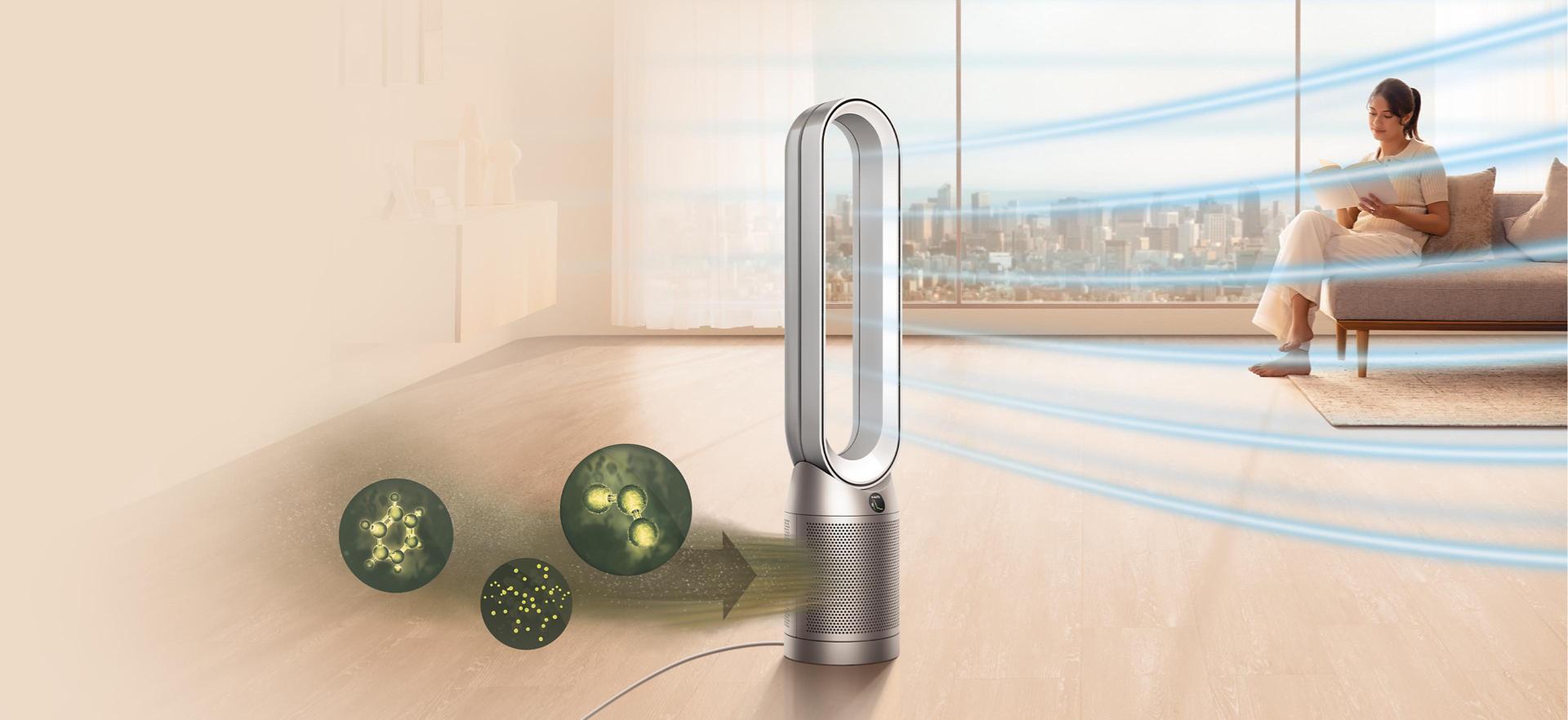 Čistička vzduchu Dyson nasává částice ze vzduchu a vypouští proud vyčištěného vzduchu.