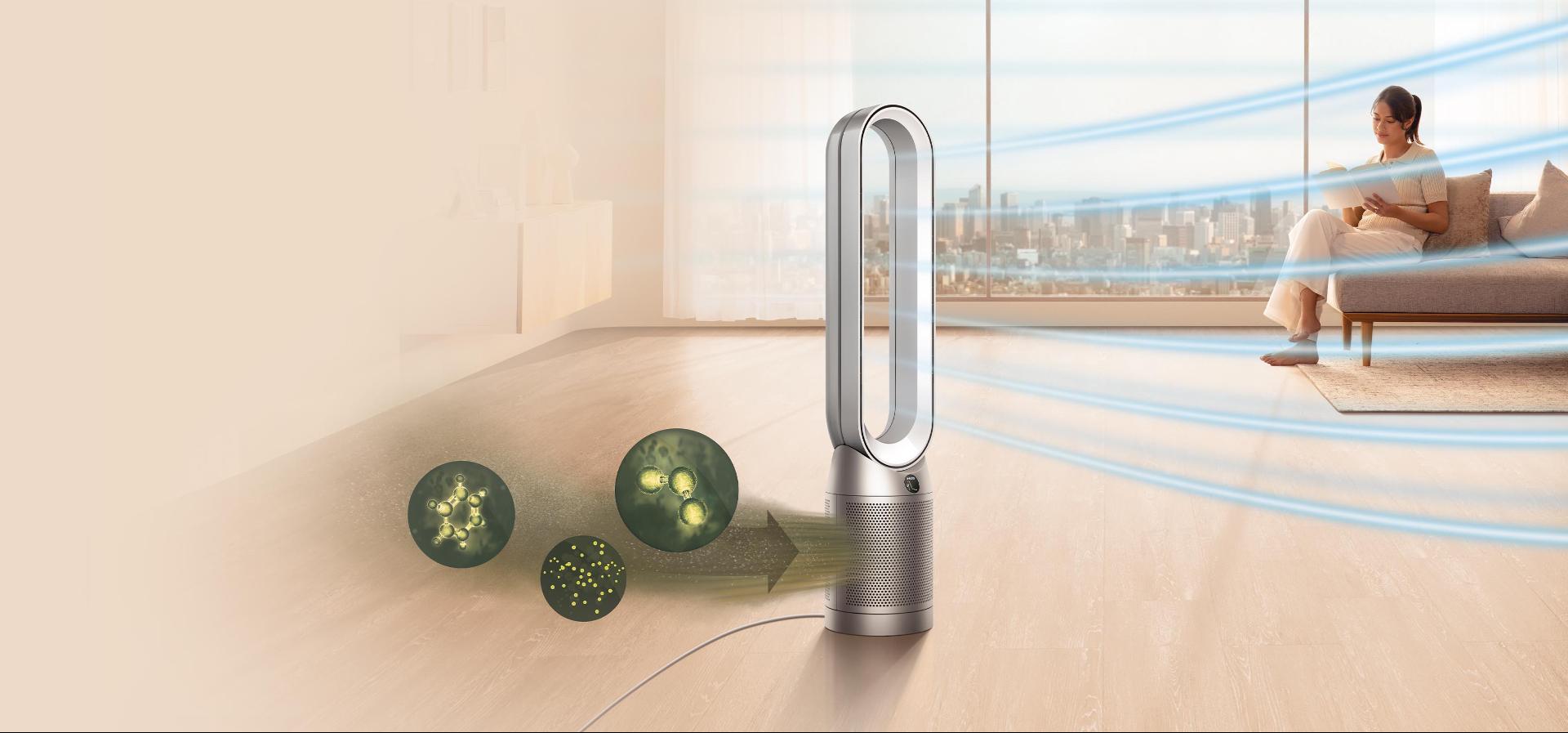 Dyson purifier drawing in airborne particles and expelling a stream of purified air