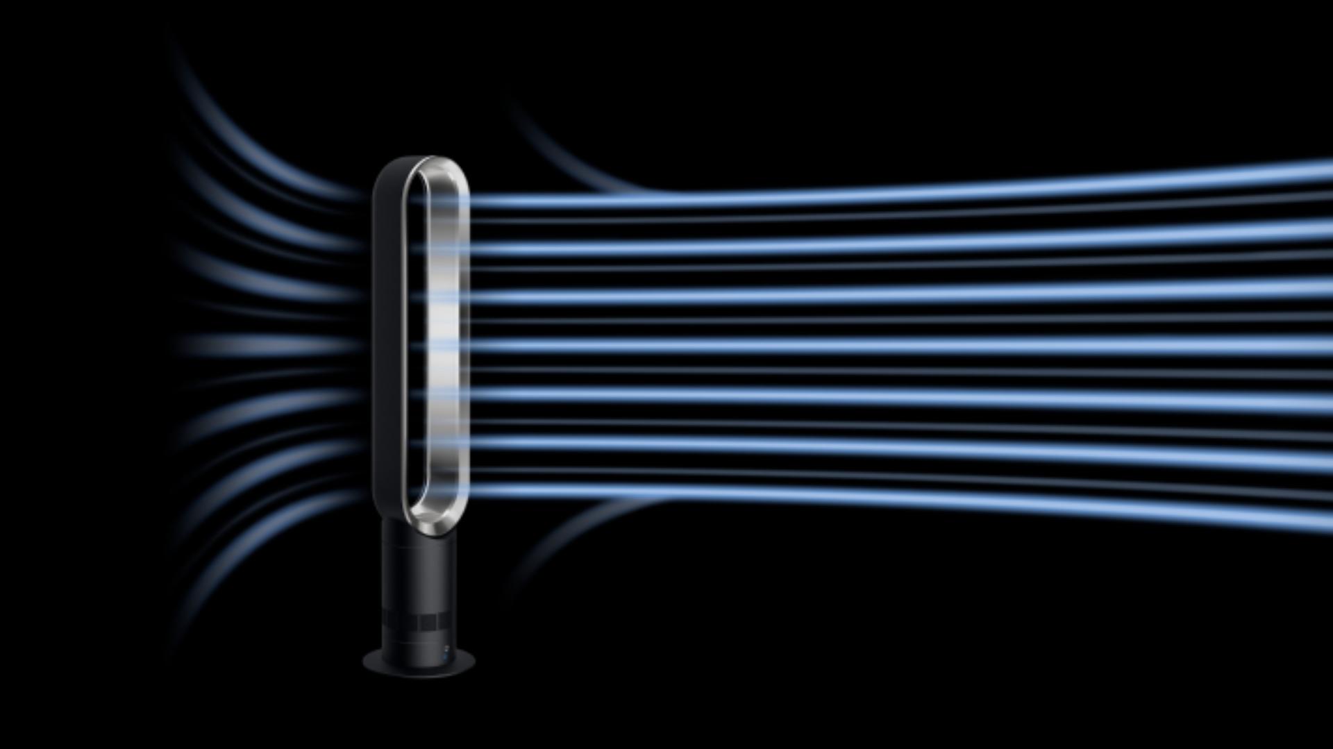 Side view of the Dyson Cool tower fan showing the flow of air from the machine.