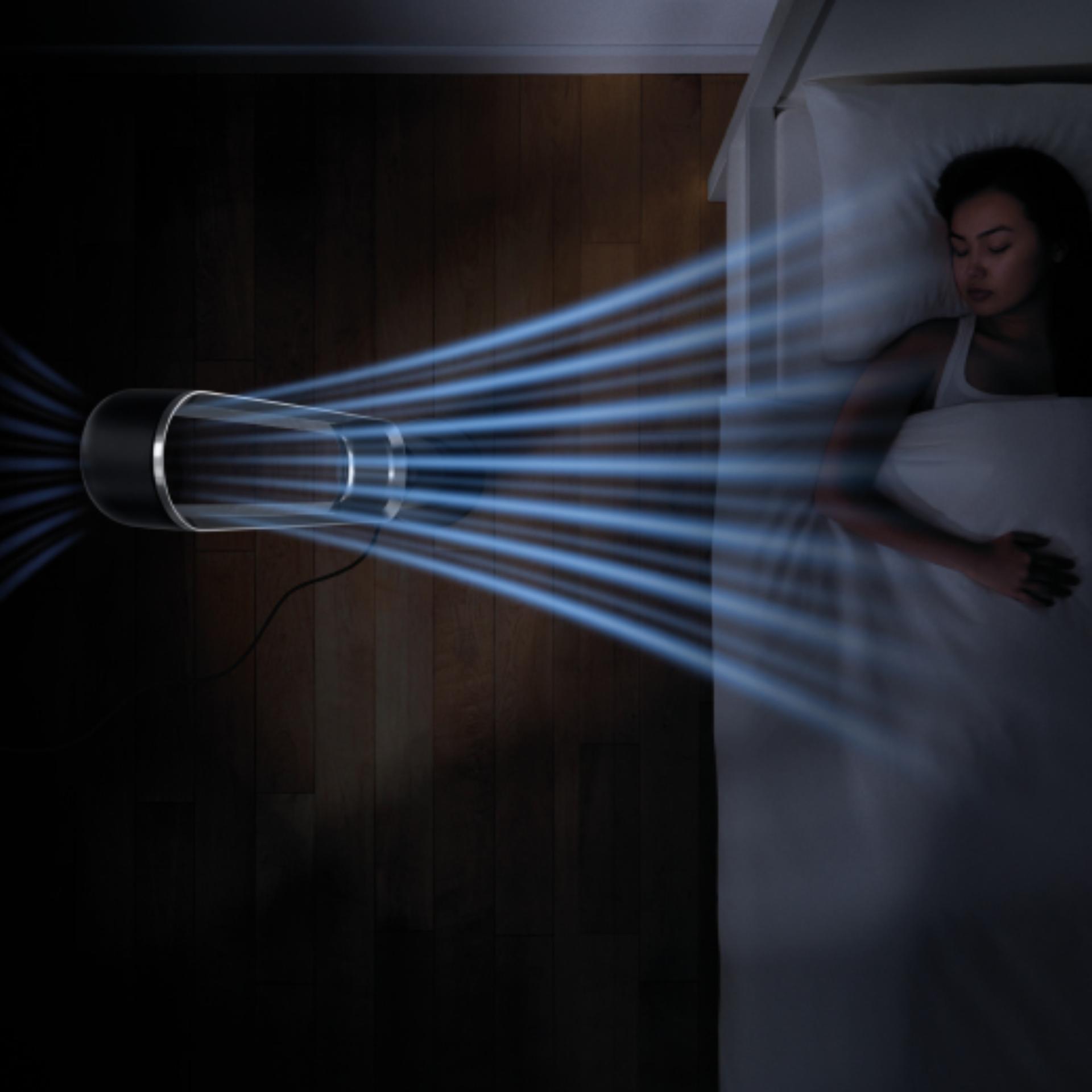 Overhead view of the Dyson Cool tower fan with graphics showing airflow.