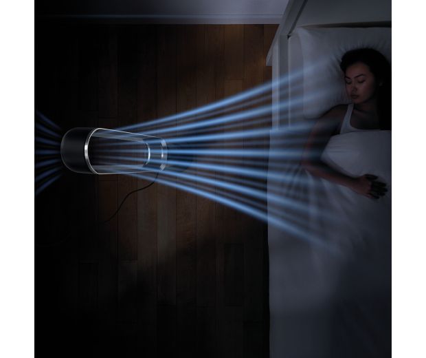 Overhead view of the Dyson Cool tower fan with graphics showing airflow.