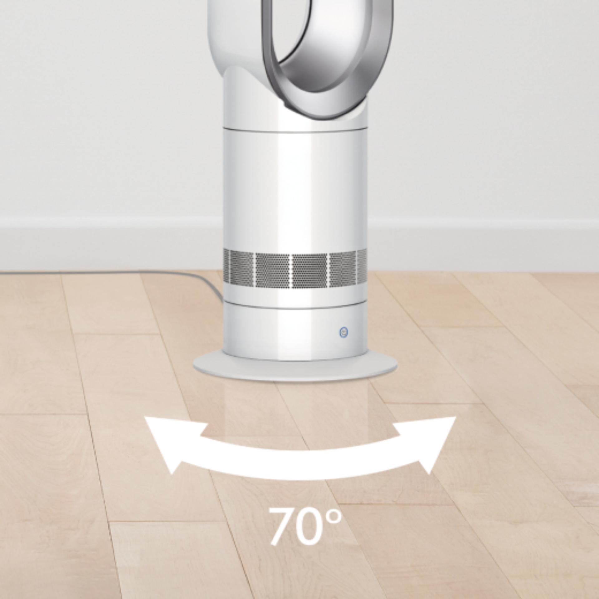 Close-up of the Dyson Cool tower fan with graphics showing oscillation angles.