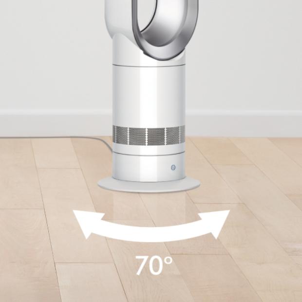 Close-up of the Dyson Cool tower fan with graphics showing oscillation angles.