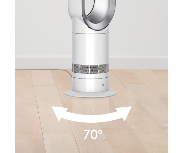 Close-up of the Dyson Cool tower fan with graphics showing oscillation angles.