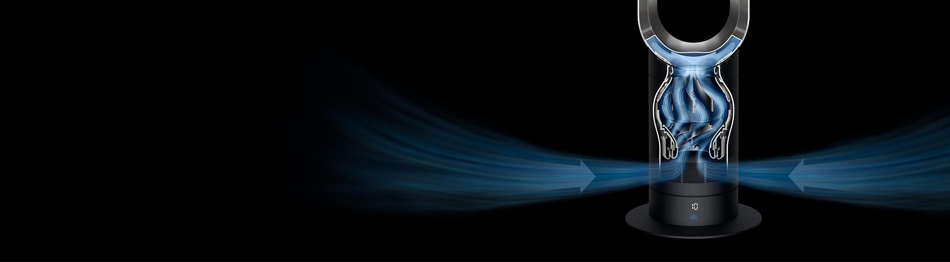 A cutaway graphic of the Dyson Cool tower fan drawing air through the mixed flow impeller.