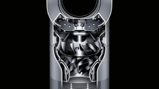 A cutaway graphic of a Helmholtz silencer inside a Dyson fan heater.