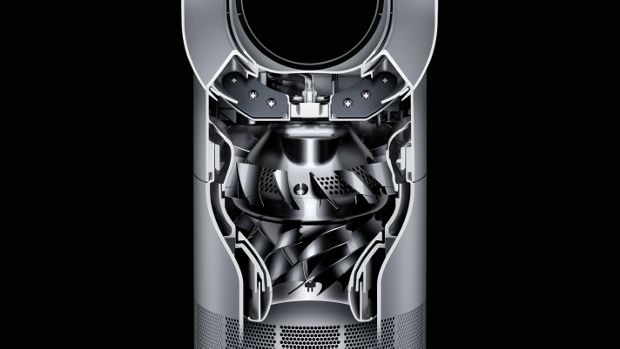 A cutaway graphic of a Helmholtz silencer inside a Dyson fan heater.