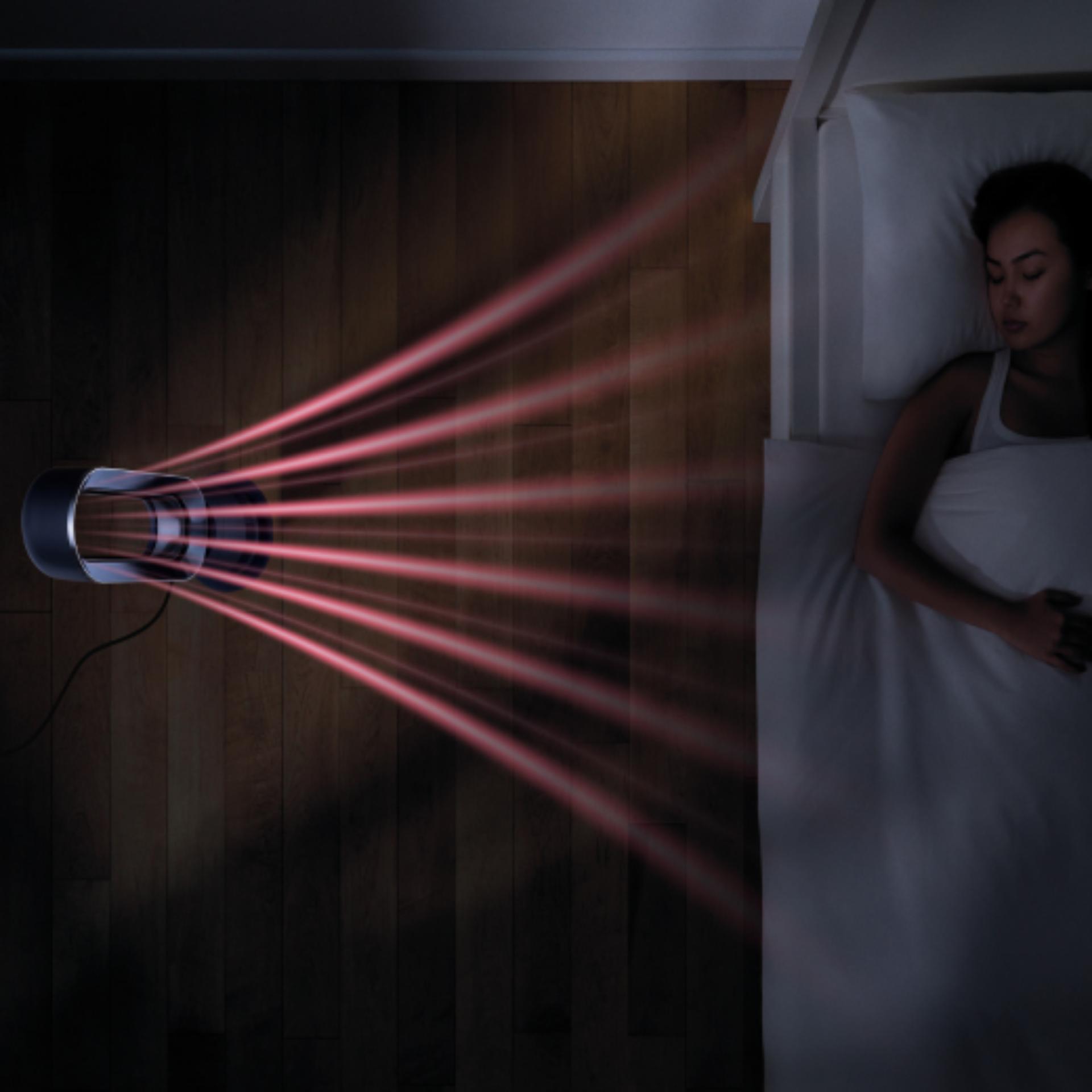 Overhead view of the Dyson Hot+Cool Jet Focus fan heater next to a bed, heating a sleeping person.
