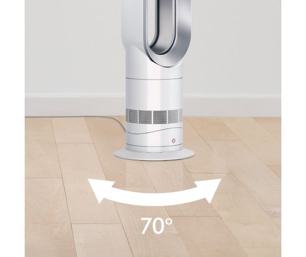 The lower section of the Dyson Hot+Cool Jet Focus fan heater with a graphic showing a 70 degree spread.