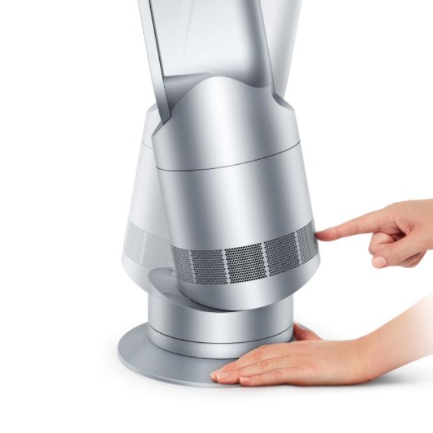 A Dyson Hot+Cool Jet Focus fan heater pivots on its base.