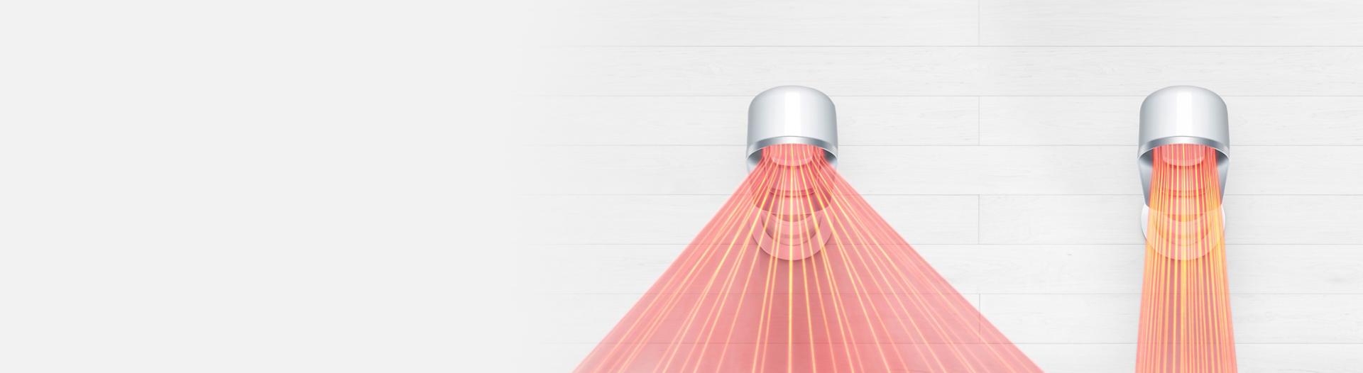 A vertical split screen of a Dyson Hot+Cool Jet Focus fan heater in both Jet Focus and Diffused modes.